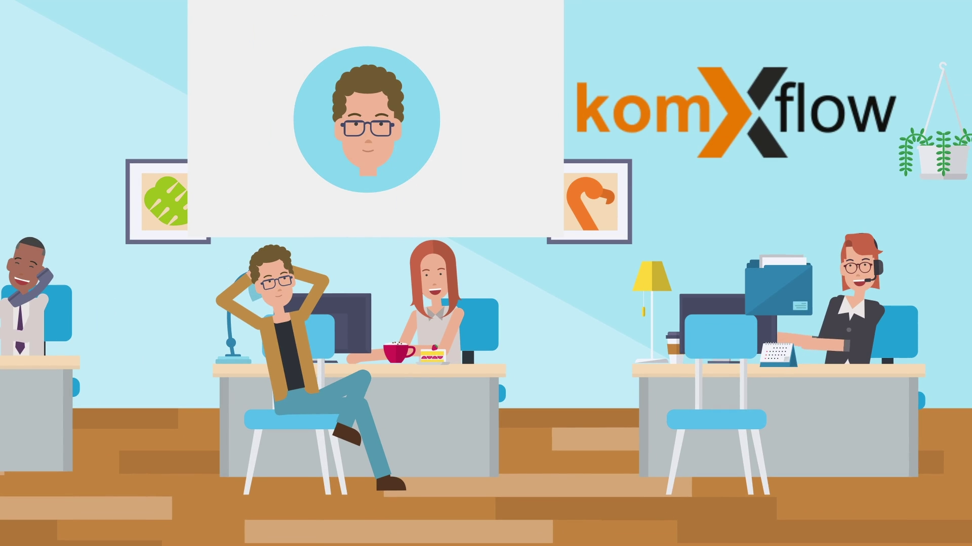 Gezeichnete Figuren im Büro mit Logo komXflow
