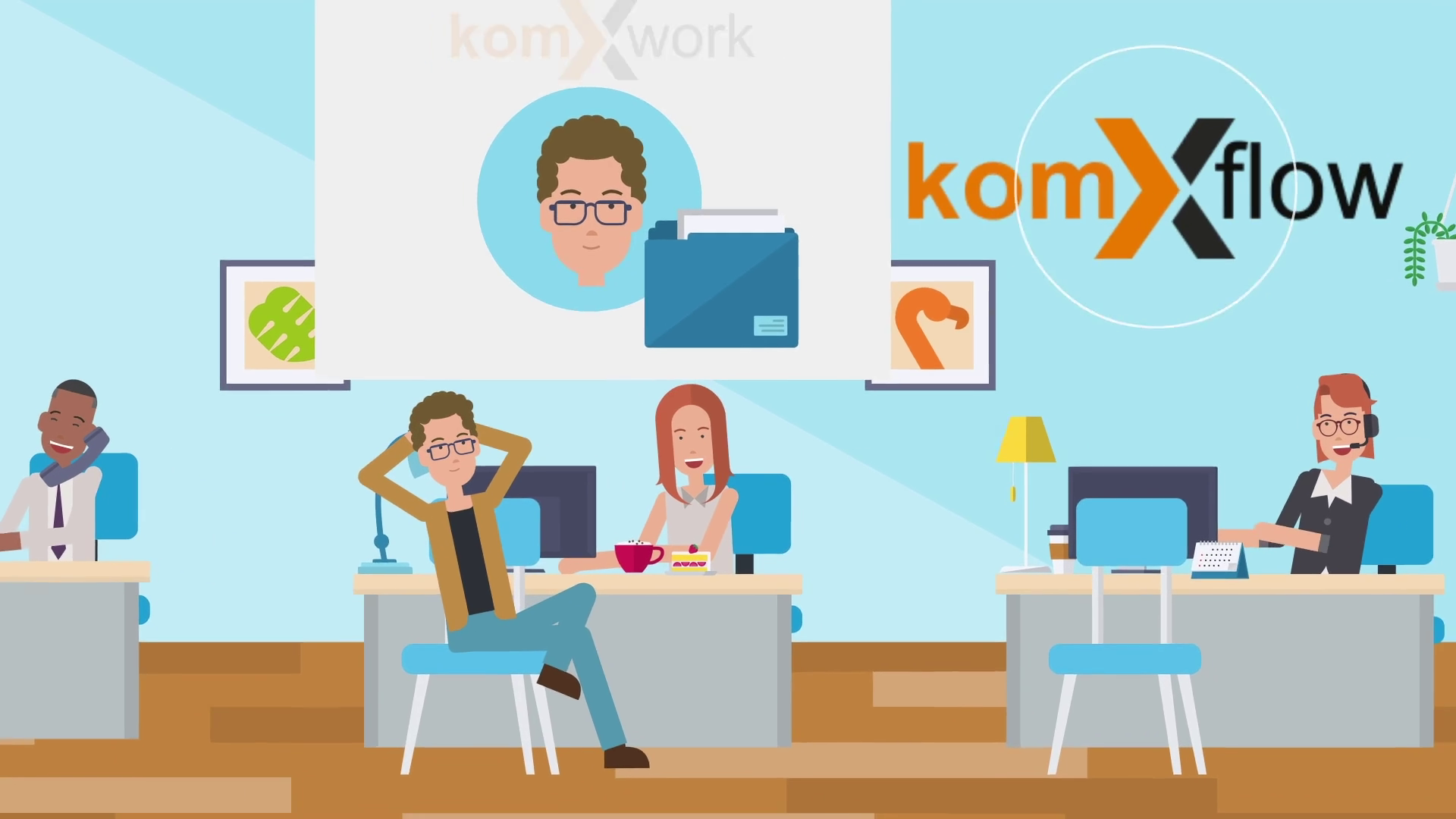 Nahtlose Integration Gezeichnete Figuren im Büro mit Logo komXwork