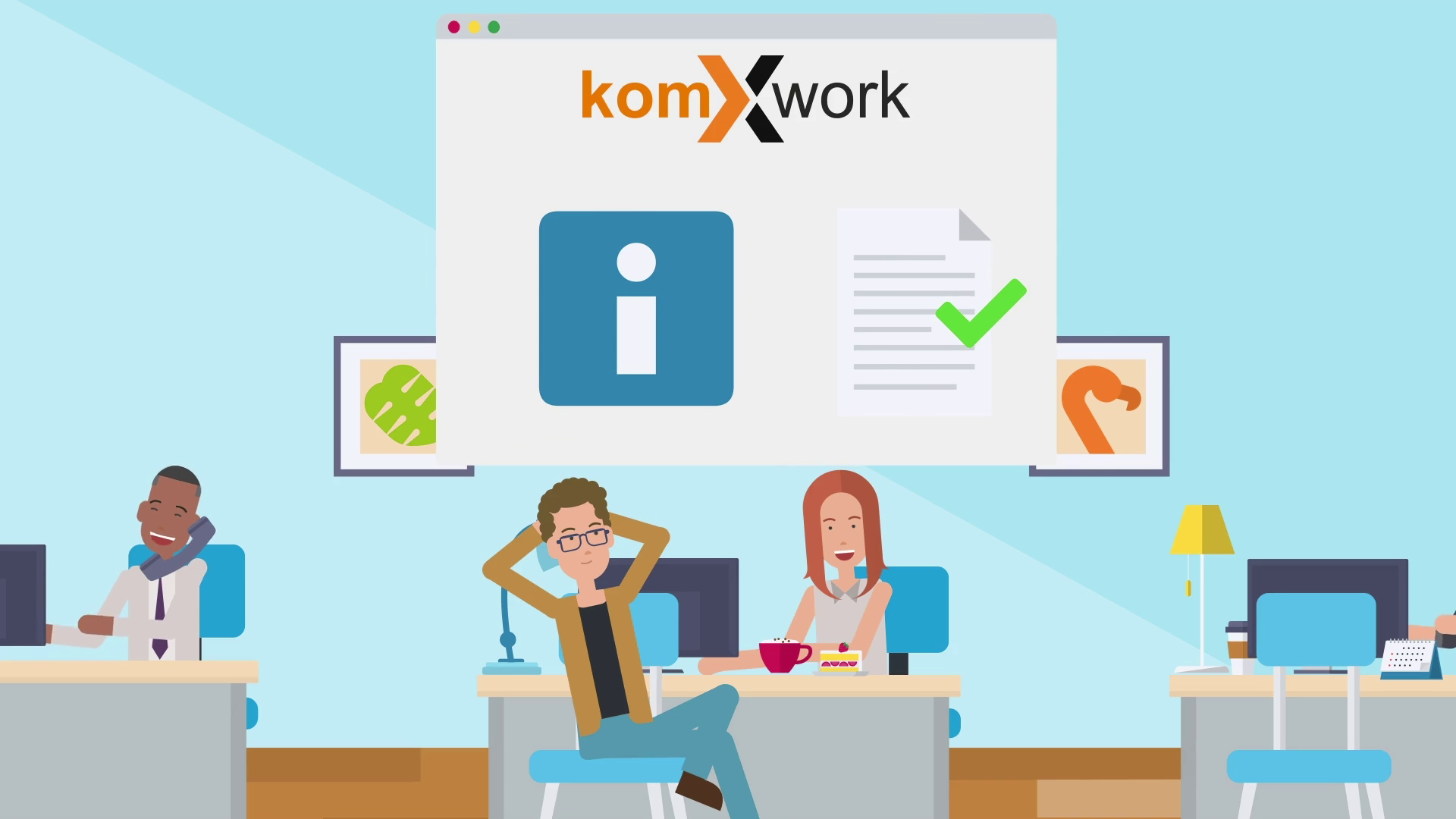 Gezeichnete Figuren im Büro mit Logo komXwork