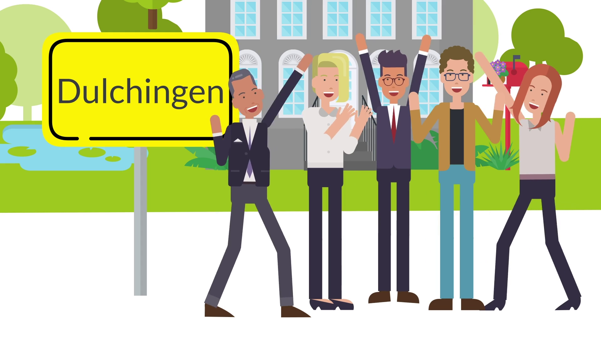 komXakademie Schulungen Gezeichnete Figuren stehen vor Gebäude mit Ortsschild Dulchingen