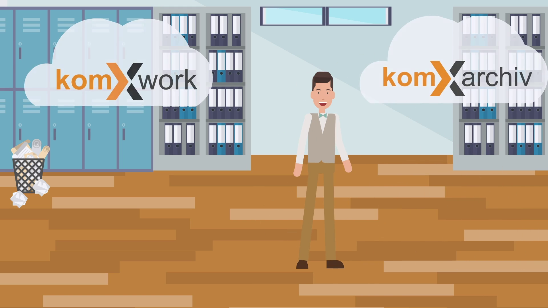 Archivierung Gezeichnete Figur in einem Archiv mit Loos komXwork & komXarchiv
